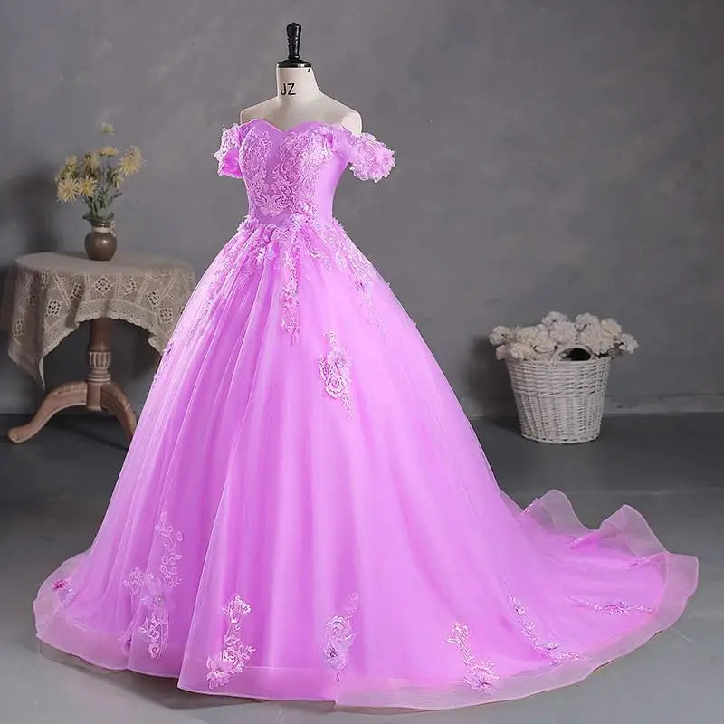 Princess Off-The-Shoulder Appliqued Quinceanera Dress With Small Train