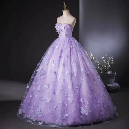 Light Luxury Lace Strapless Quinceanera Dress with Three-Dimensional Butterfly Appliques