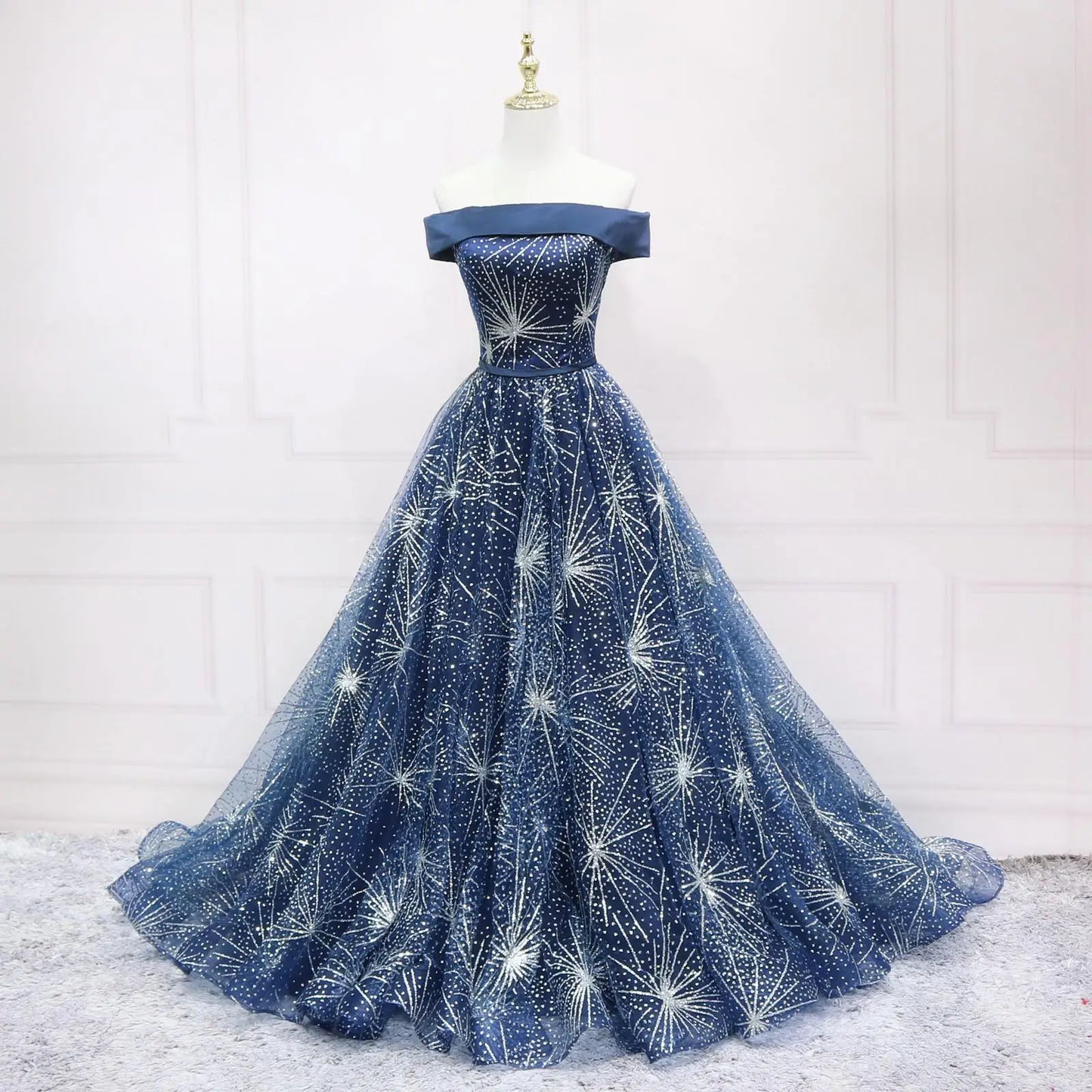 Classic Off-The-Shoulder Sequined Dark Blue Tulle Quinceanera Dress
