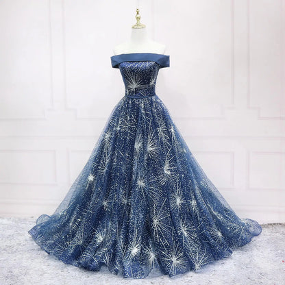 Classic Off-The-Shoulder Sequined Dark Blue Tulle Quinceanera Dress