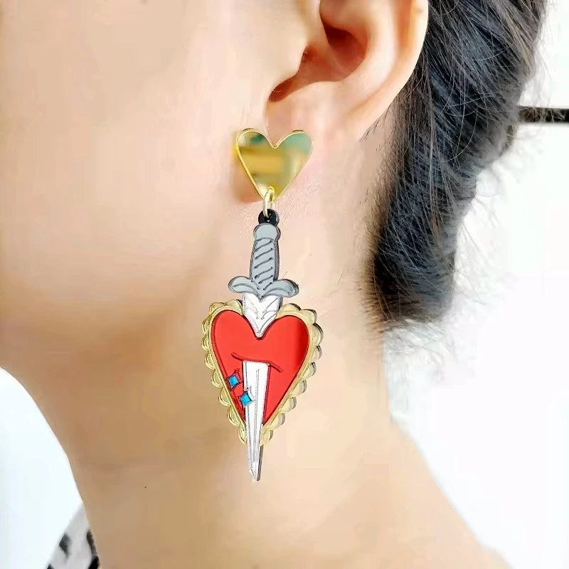 Stabbed Heart Dangle Stud Earrings