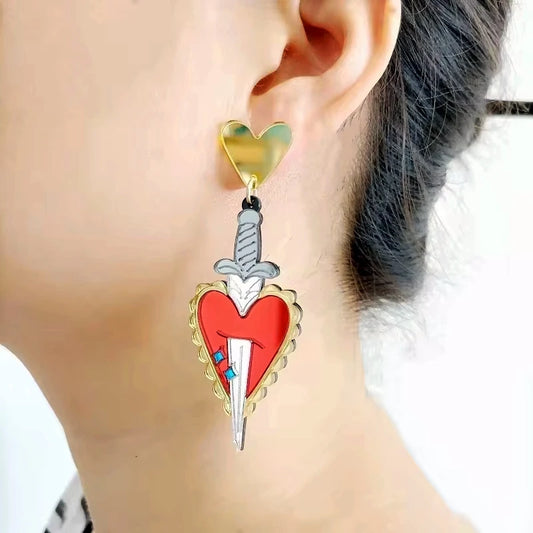 Stabbed Heart Dangle Stud Earrings