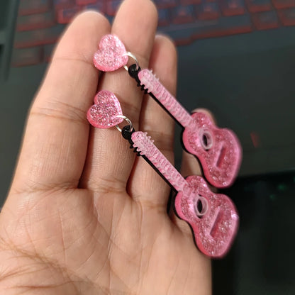 Pink Guitar Dangle Stud Earrings