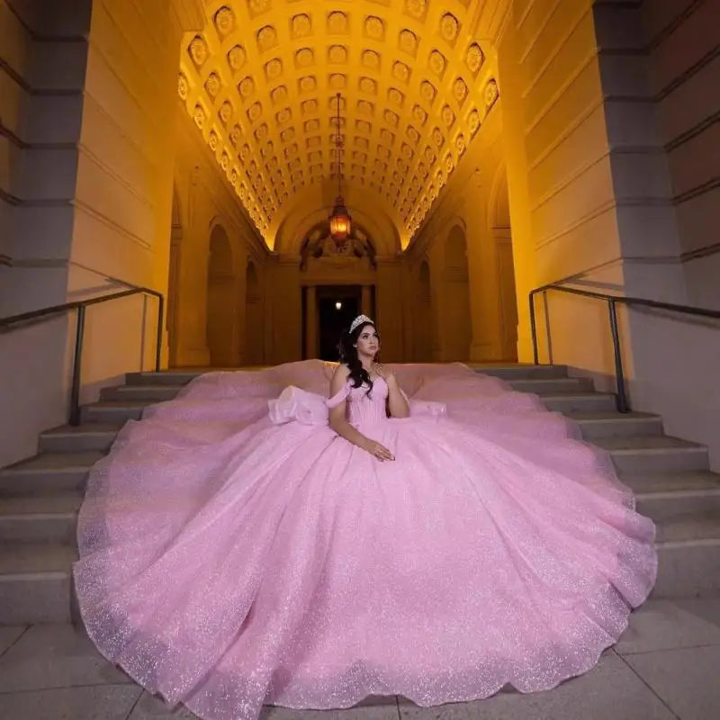 Cinderella Glittery Floor-Length Ball Gown Quinceanera Dress