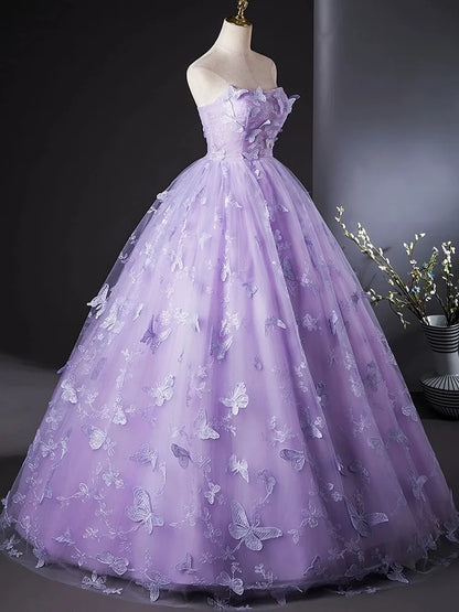 Light Luxury Lace Strapless Quinceanera Dress with Three-Dimensional Butterfly Appliques