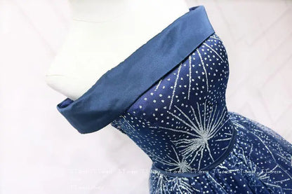 Classic Off-The-Shoulder Sequined Dark Blue Tulle Quinceanera Dress
