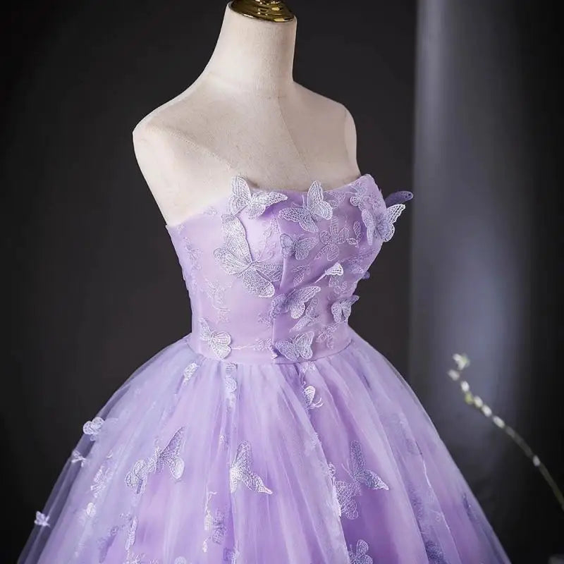 Light Luxury Lace Strapless Quinceanera Dress with Three-Dimensional Butterfly Appliques