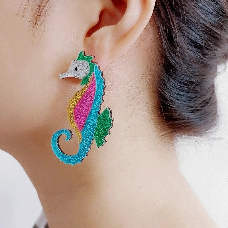 Multicolor Seahorse Dangle Stud Earrings