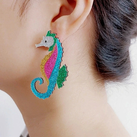 Multicolor Seahorse Dangle Stud Earrings