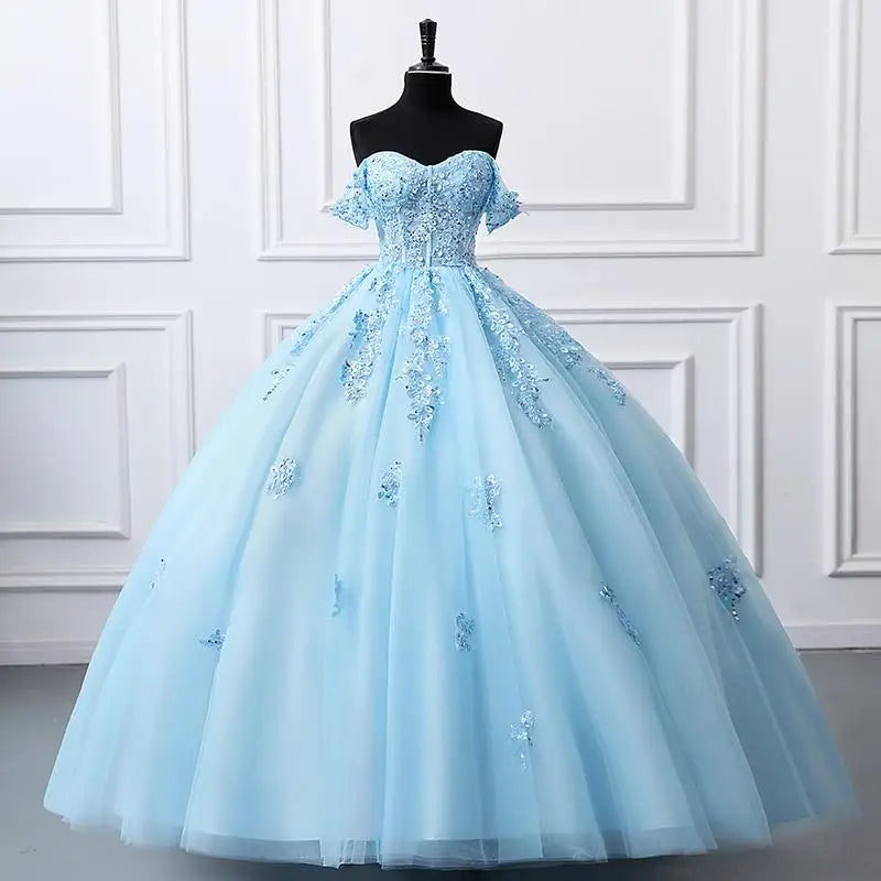 Sky Blue Ball Gown Luxury Glitter Quinceanera Dress