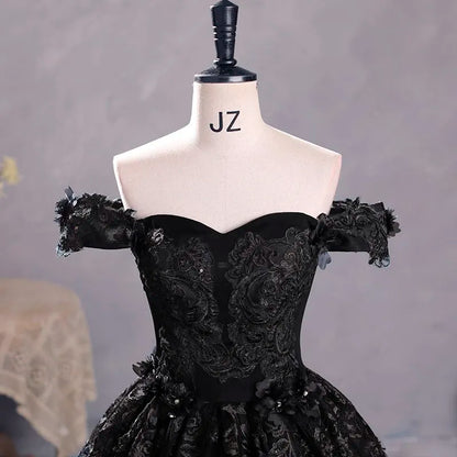 Black Tulle Off-The-Shoulder Floor-length Ball Gown Quinceanera Dress