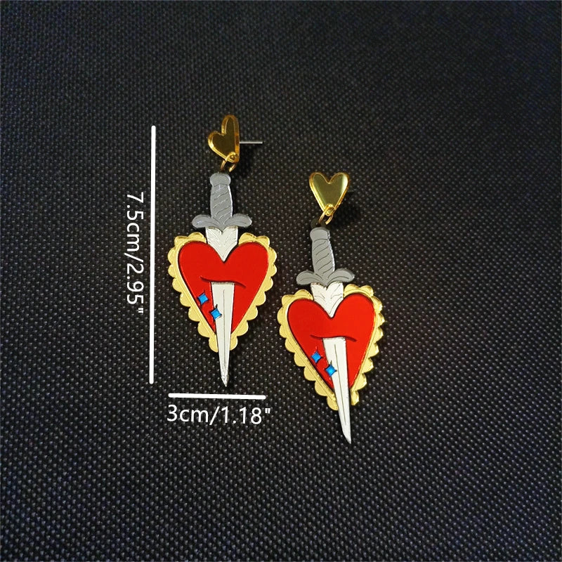 Stabbed Heart Dangle Stud Earrings