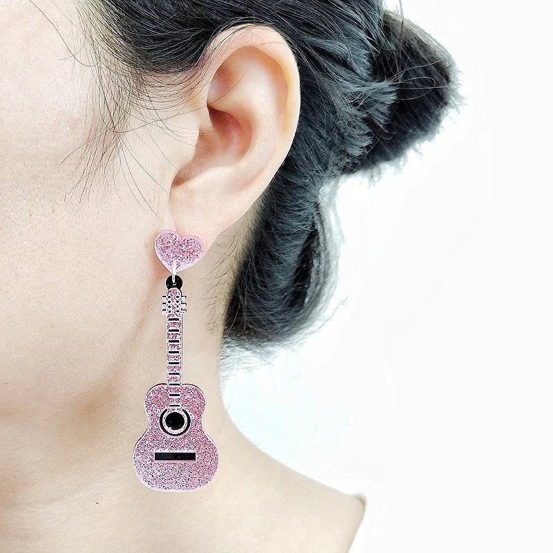 Pink Guitar Dangle Stud Earrings