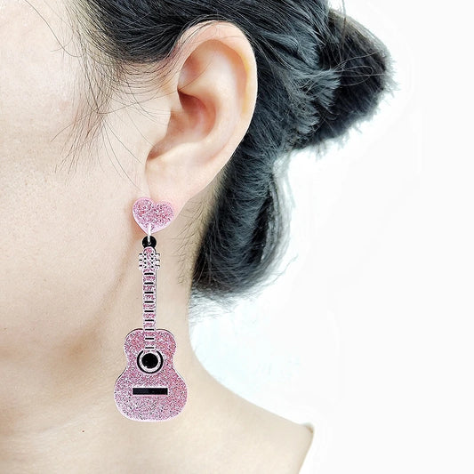 Pink Guitar Dangle Stud Earrings
