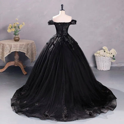 Black Tulle Off-The-Shoulder Floor-length Ball Gown Quinceanera Dress