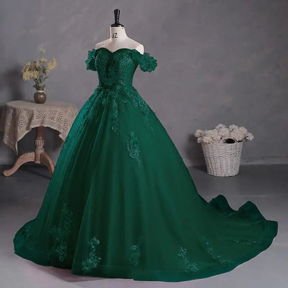 Princess Off-The-Shoulder Appliqued Quinceanera Dress With Small Train