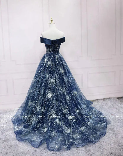 Classic Off-The-Shoulder Sequined Dark Blue Tulle Quinceanera Dress