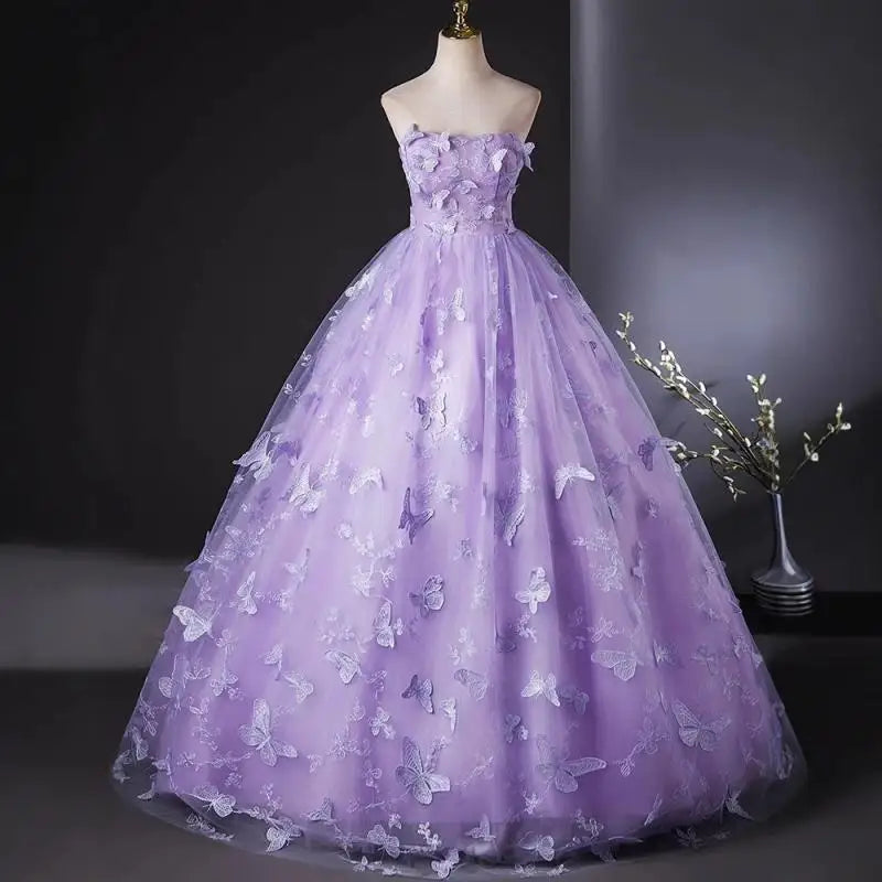 Light Luxury Lace Strapless Quinceanera Dress with Three-Dimensional Butterfly Appliques