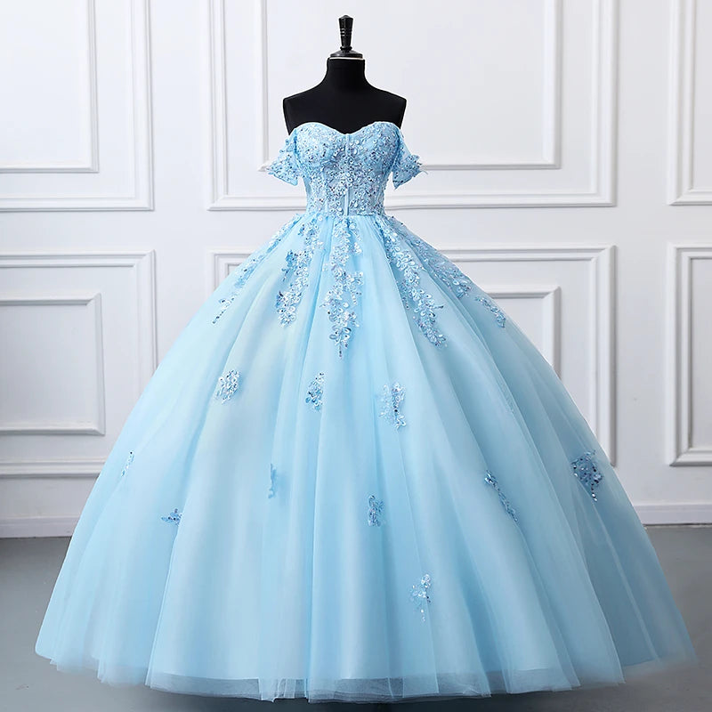Sky Blue Ball Gown Luxury Glitter Quinceanera Dress