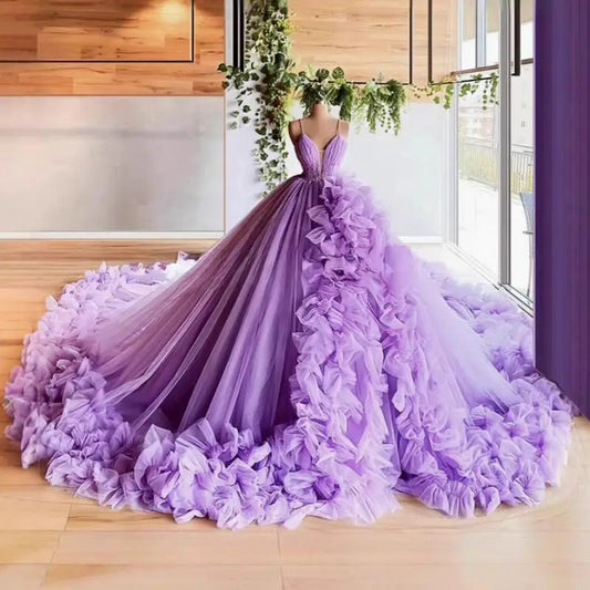 Puff Skirt Strapped Deep V-Neck Quinceanera Dress