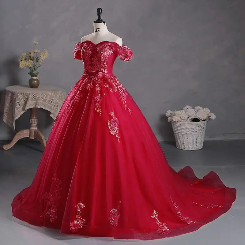 Princess Off-The-Shoulder Appliqued Quinceanera Dress With Small Train