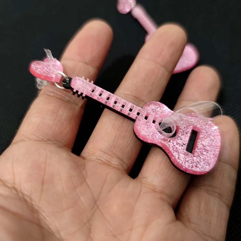 Pink Guitar Dangle Stud Earrings
