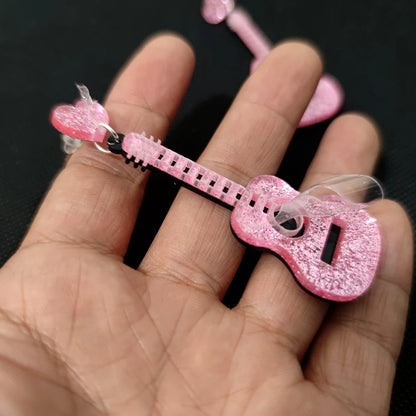 Pink Guitar Dangle Stud Earrings