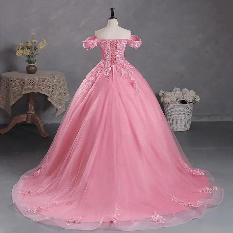 Princess Off-The-Shoulder Appliqued Quinceanera Dress With Small Train