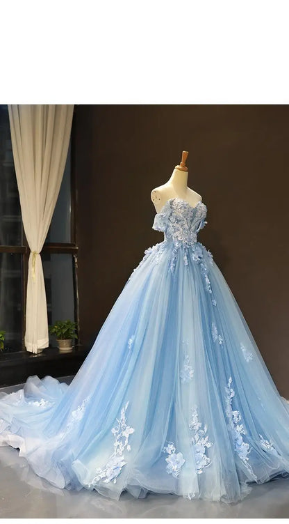 Princess Off-The-Shoulder Appliqued Quinceanera Dress With Small Train