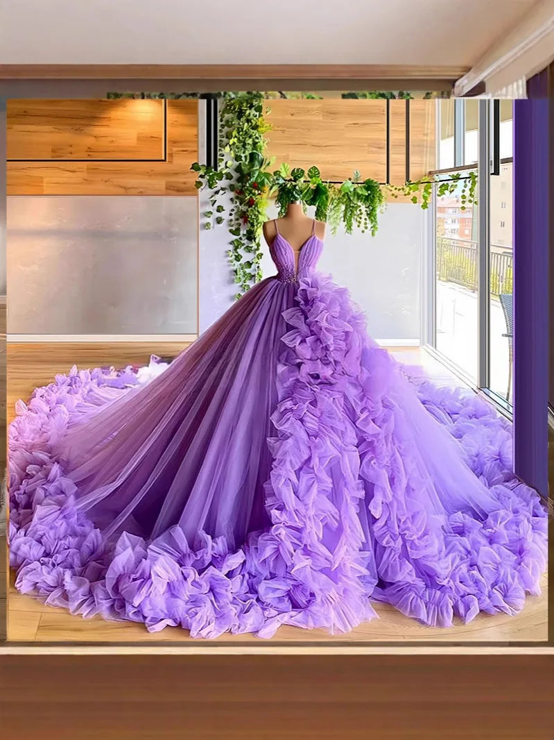 Puff Skirt Strapped Deep V-Neck Quinceanera Dress