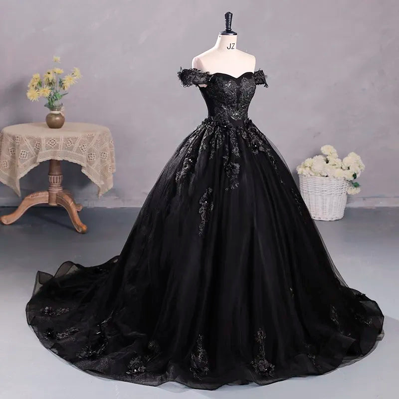 Black Tulle Off-The-Shoulder Floor-length Ball Gown Quinceanera Dress