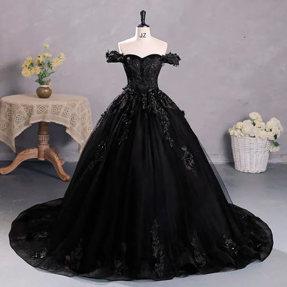 Black Tulle Off-The-Shoulder Floor-length Ball Gown Quinceanera Dress