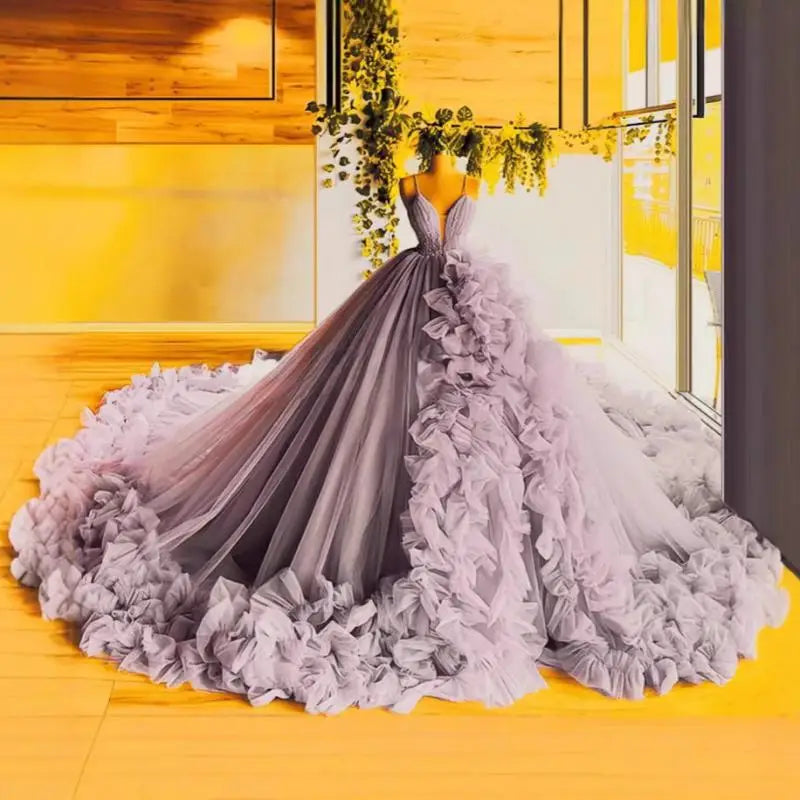 Puff Skirt Strapped Deep V-Neck Quinceanera Dress