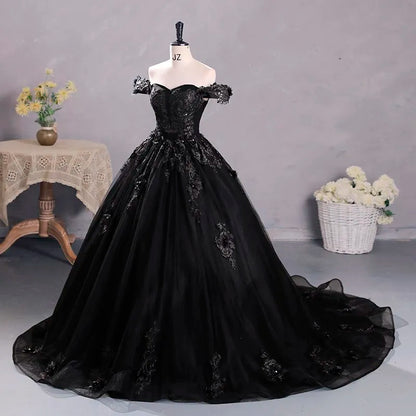 Black Tulle Off-The-Shoulder Floor-length Ball Gown Quinceanera Dress
