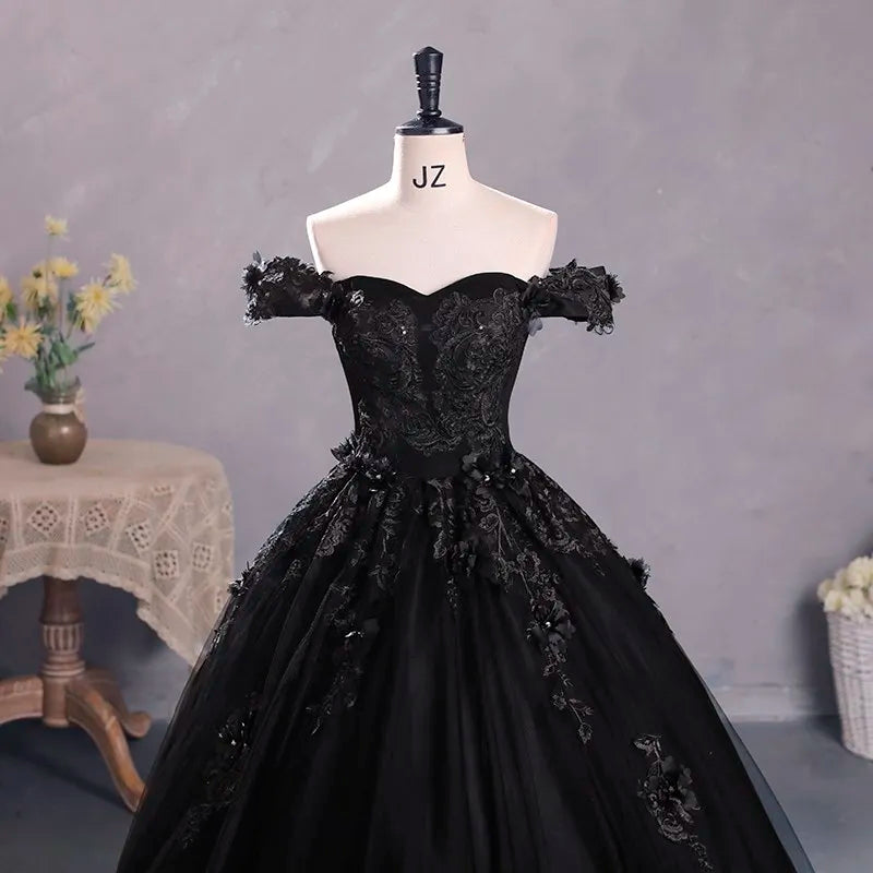 Black Tulle Off-The-Shoulder Floor-length Ball Gown Quinceanera Dress