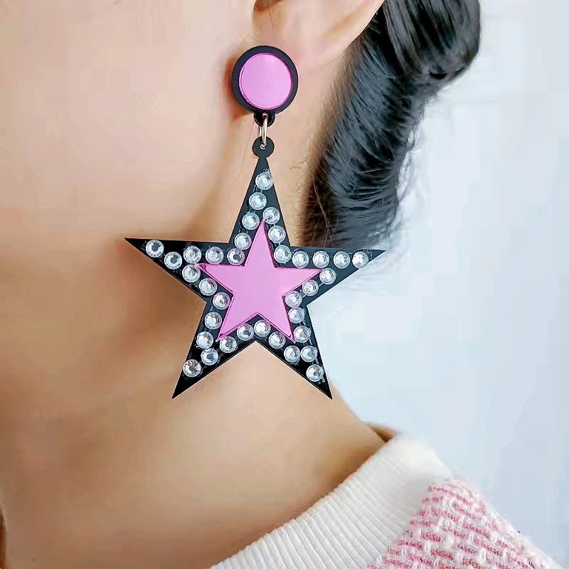 Pink Star Dangle Stud Earrings