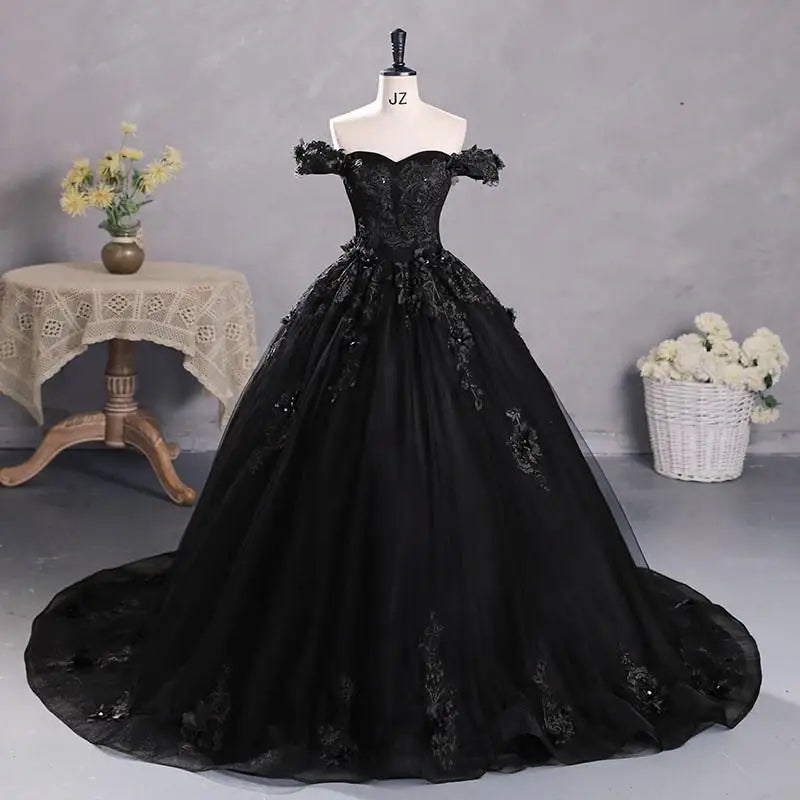 Black Tulle Off-The-Shoulder Floor-length Ball Gown Quinceanera Dress