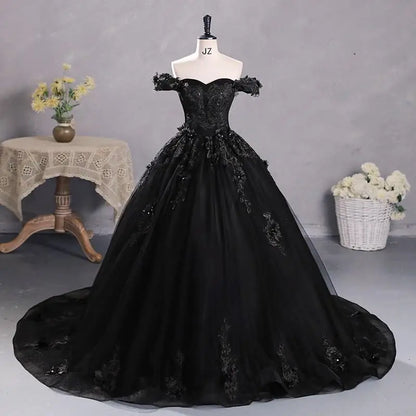Black Tulle Off-The-Shoulder Floor-length Ball Gown Quinceanera Dress
