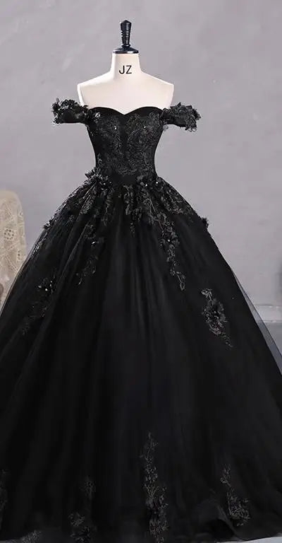 Black Tulle Off-The-Shoulder Floor-length Ball Gown Quinceanera Dress