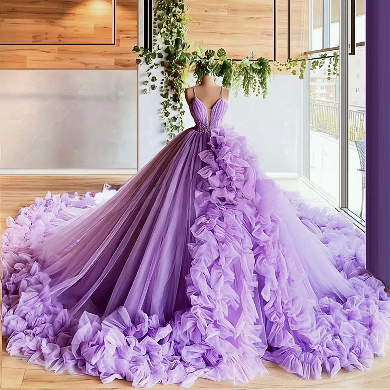 Puff Skirt Strapped Deep V-Neck Quinceanera Dress