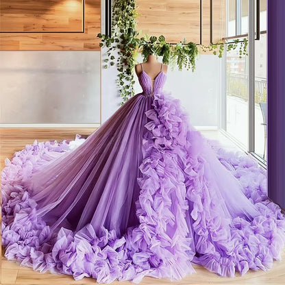 Puff Skirt Strapped Deep V-Neck Quinceanera Dress
