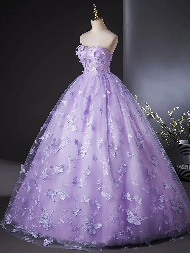 Light Luxury Lace Strapless Quinceanera Dress with Three-Dimensional Butterfly Appliques