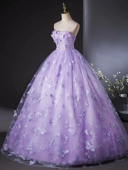 Light Luxury Lace Strapless Quinceanera Dress with Three-Dimensional Butterfly Appliques