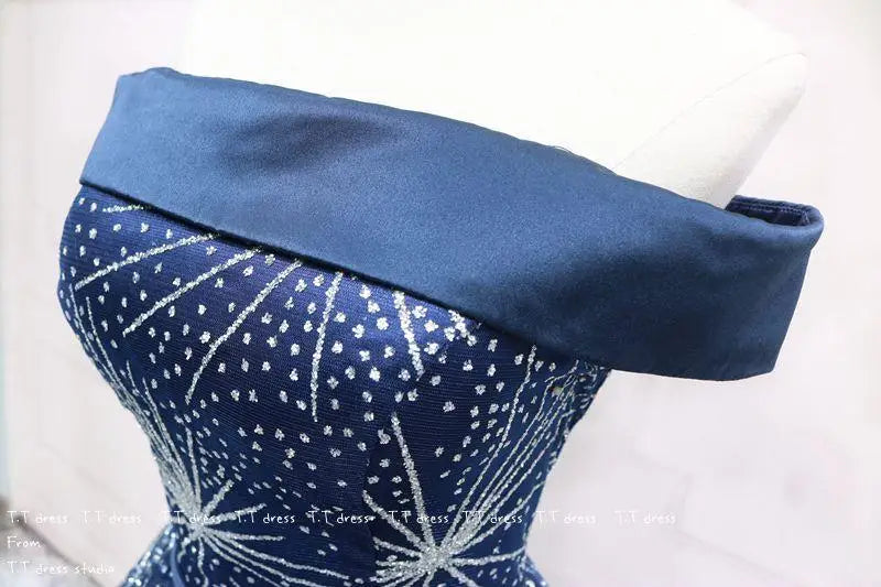 Classic Off-The-Shoulder Sequined Dark Blue Tulle Quinceanera Dress