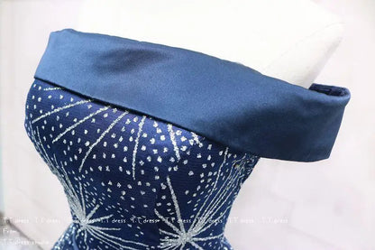 Classic Off-The-Shoulder Sequined Dark Blue Tulle Quinceanera Dress