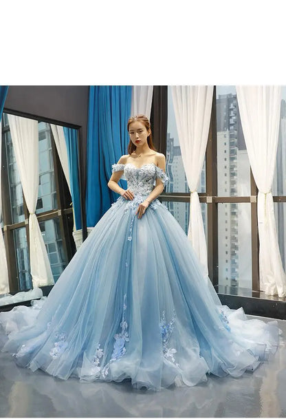 Princess Off-The-Shoulder Appliqued Quinceanera Dress With Small Train