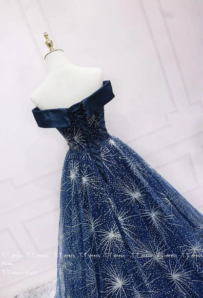 Classic Off-The-Shoulder Sequined Dark Blue Tulle Quinceanera Dress
