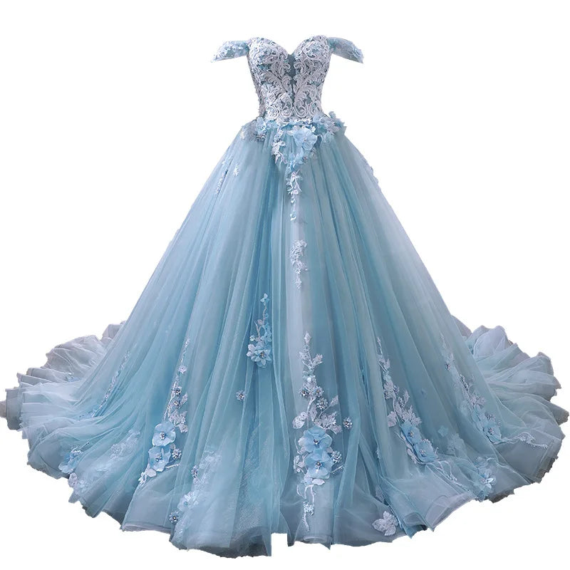 Princess Off-The-Shoulder Appliqued Quinceanera Dress With Small Train