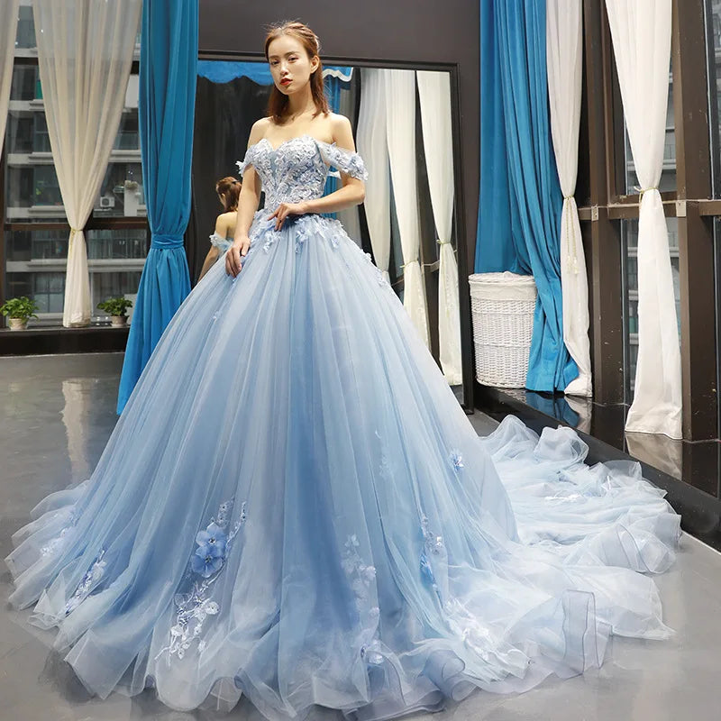 Princess Off-The-Shoulder Appliqued Quinceanera Dress With Small Train