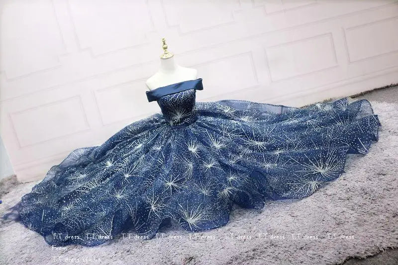 Classic Off-The-Shoulder Sequined Dark Blue Tulle Quinceanera Dress